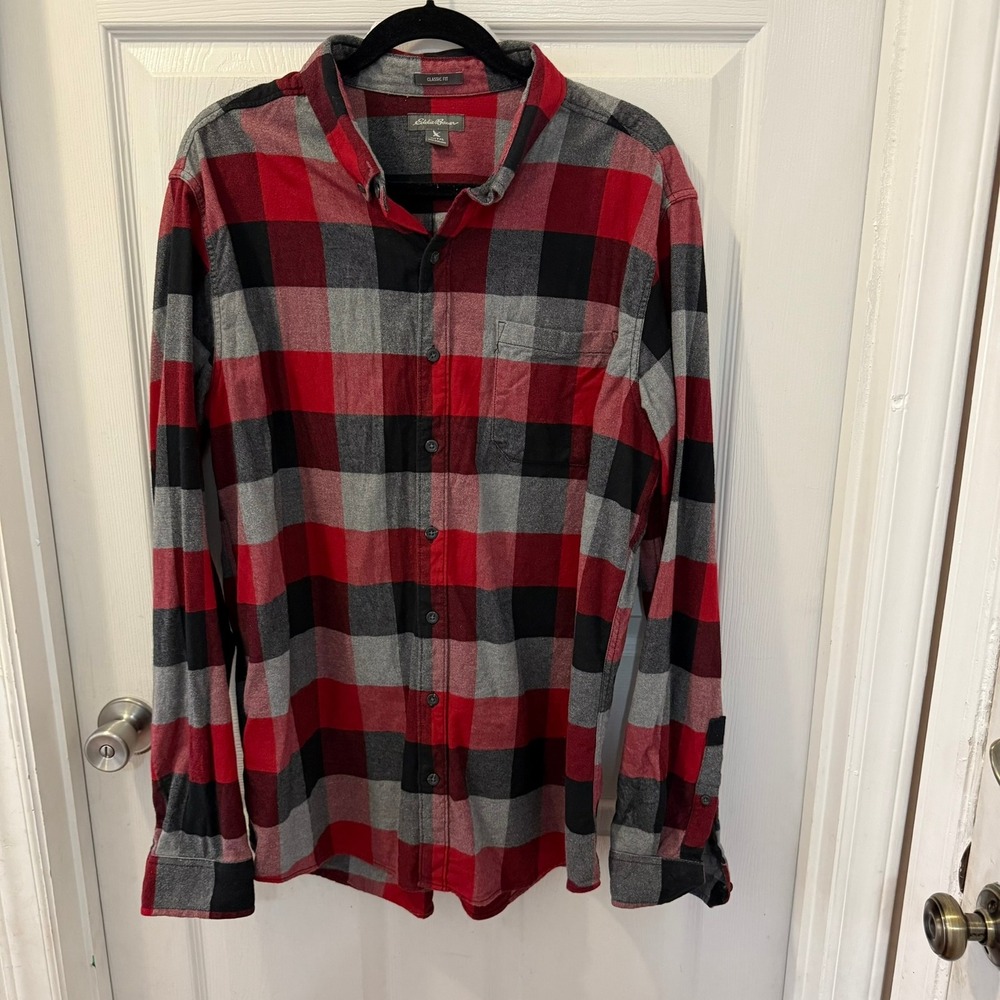 Eddie Bauer Mens TXL Plaid Flannel Long Sleeve Button Down Shirt Red Black Gray‎